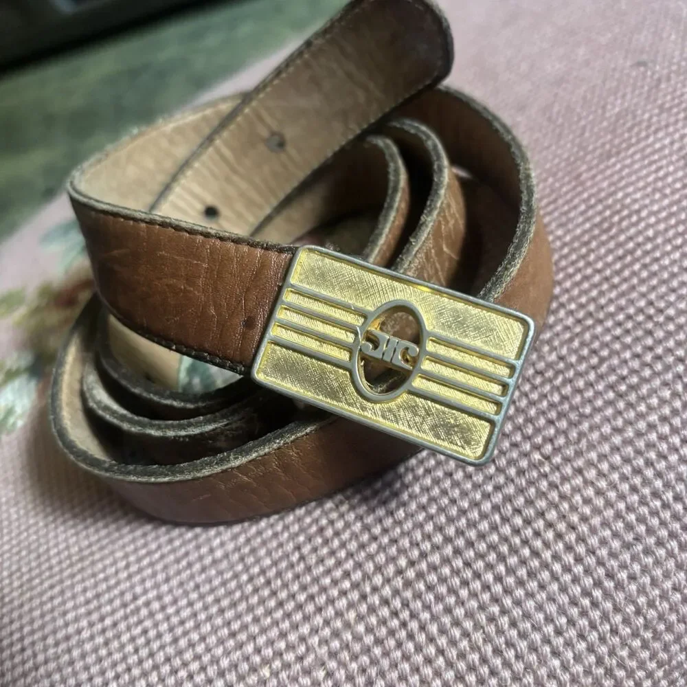 Vtg Retro 70s Gold Monogram JC Logo Leather Belt Plaque Buckle Patina Brown 36